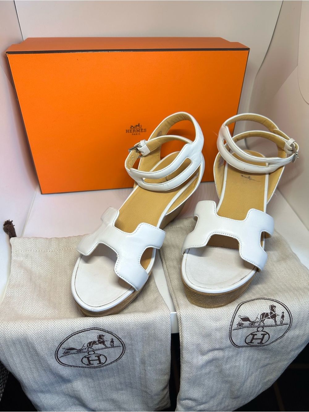 Hermes White Leather Platform Sandals